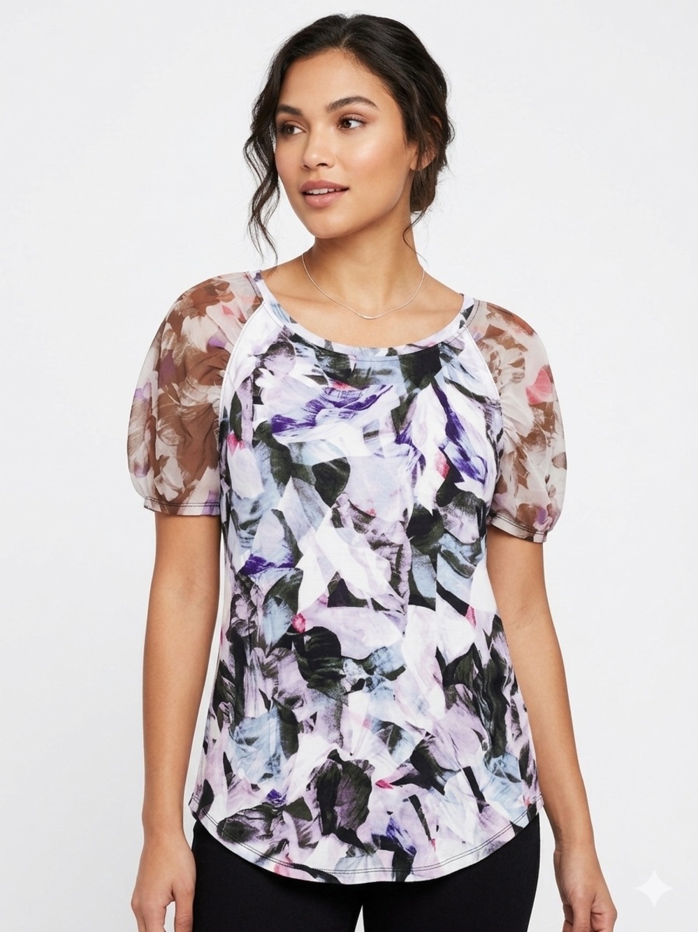 Jennifer Lopez NWOT Cottony Lavender Multi Floral Midi Dress with Sheer Sleeves